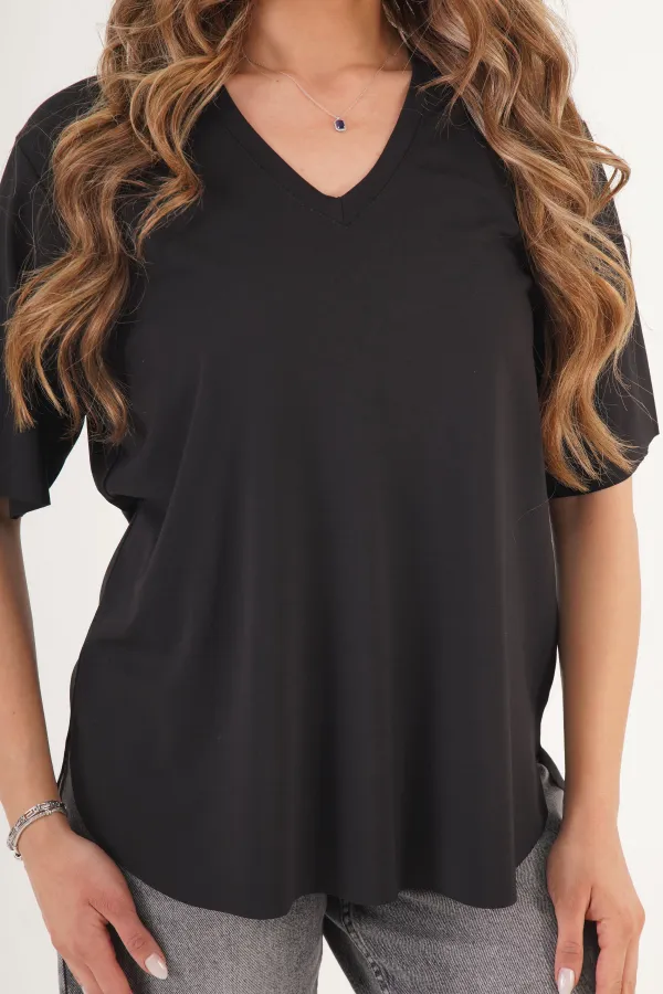 T-shirt noir basique à col en V sans couture, vente en gros