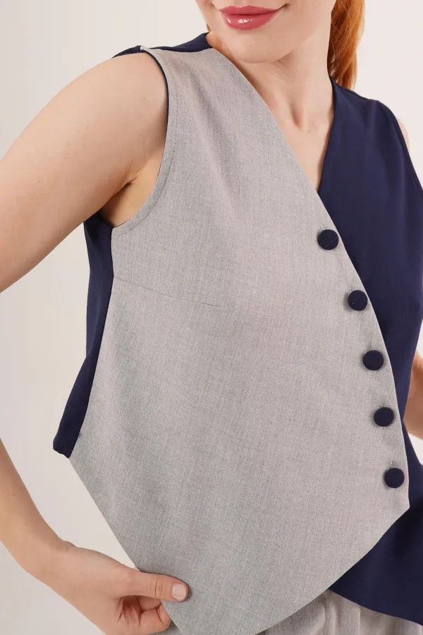 Çapraz Model Düğmeli Lacivert Toptan Yelek