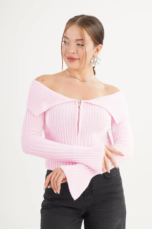 Madonna Yaka Full Fermuarlı Toptan Pembe Triko Bluz