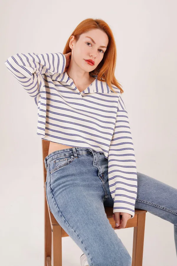 Polo Yaka Lacivert Çizgili Toptan Crop Sweatshirt