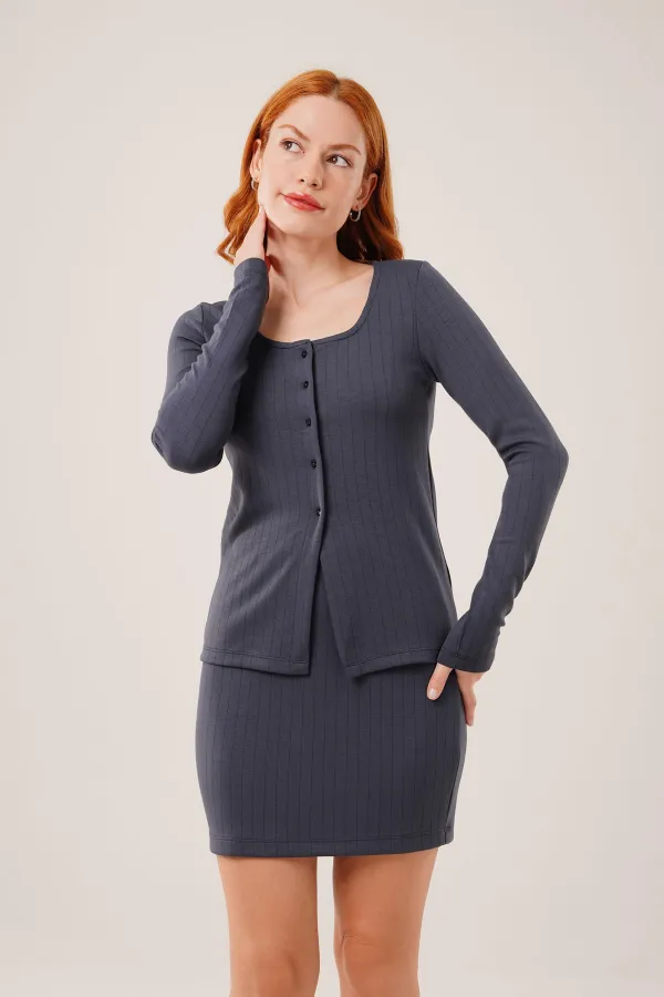 Jupe rayée Chemisier boutonné Costume anthracite en gros