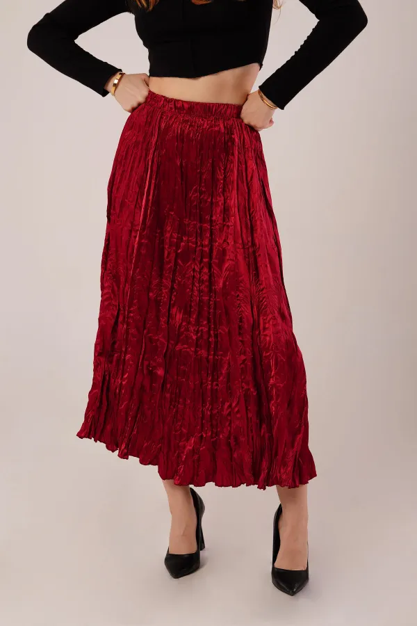 Midi Boy Pileli Saten Toptan Bordo Etek