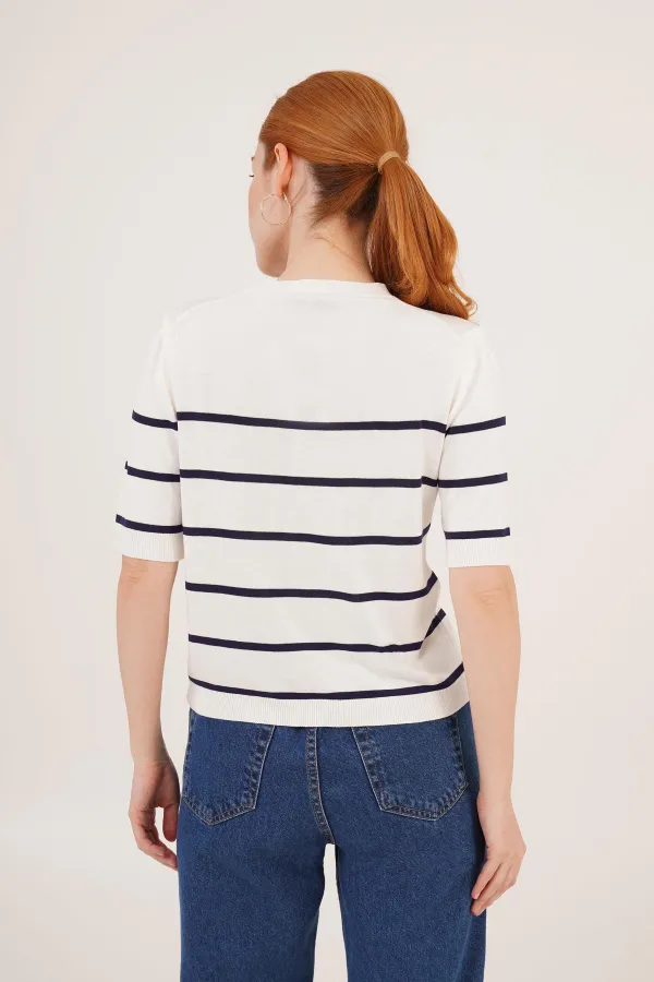 Çizgili Kısa Kol Beyaz Lacivert Toptan Bluz