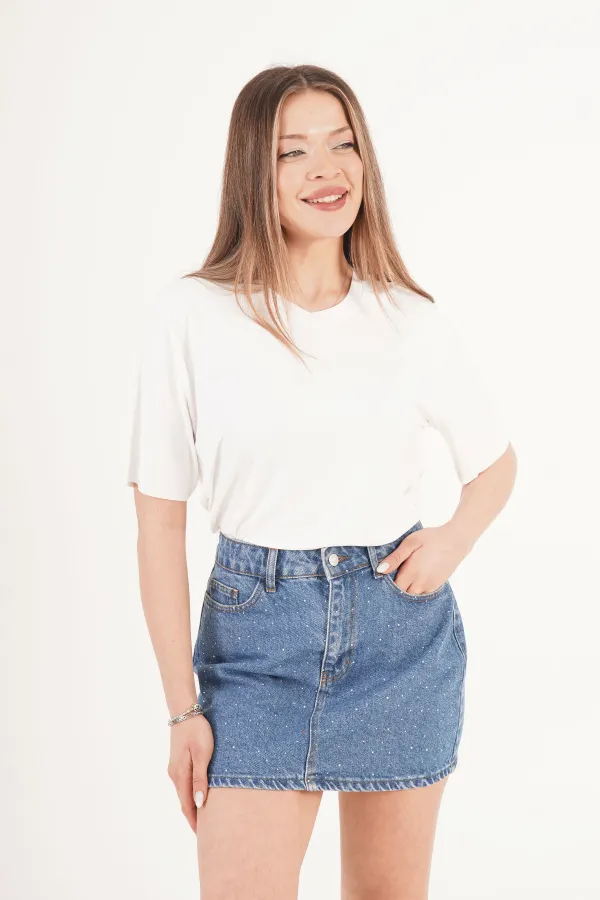 Jupe mini en jean scintillant ornée de pierres, vente en gros