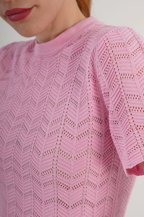 Örgü Model Kısa Kol Toptan Pembe Triko Bluz