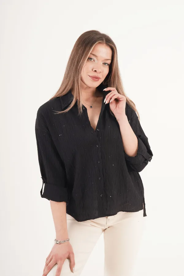 Payet Geçişli Siyah Toptan Gömlek