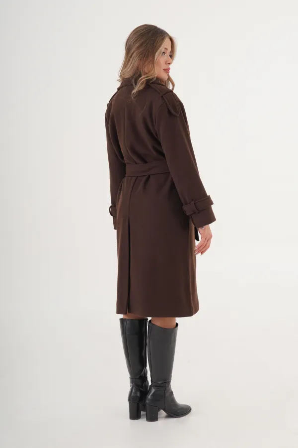 Apolet Detaylı Kuşaklı Toptan Kahve Kaşe Kaban