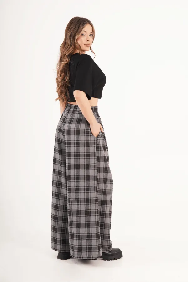 Pantalon à carreaux anthracite en gros avec ceinture détaillée