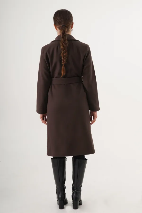 Beli Kuşaklı Astarlı Toptan Kahve Kaşe Kaban