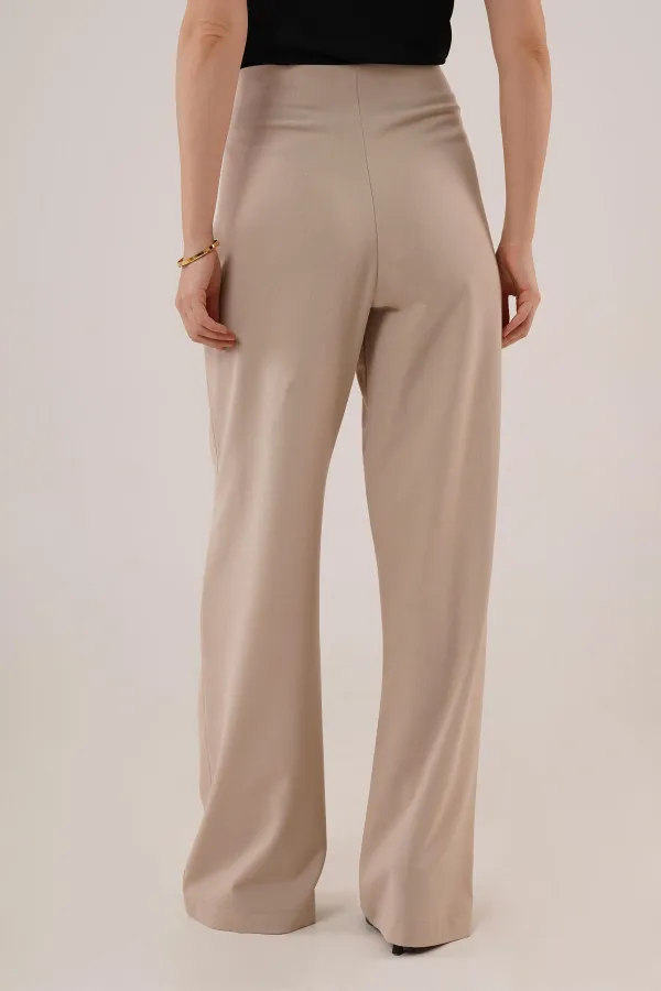 Bol Paça Yandan Fermuarlı Toptan Krem Kumaş Pantolon