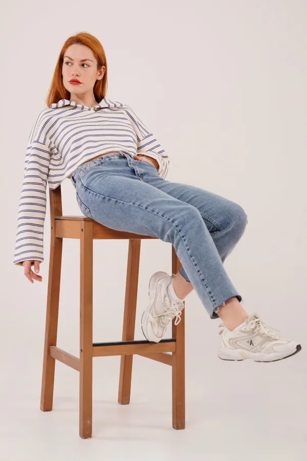 Polo Yaka Lacivert Çizgili Toptan Crop Sweatshirt