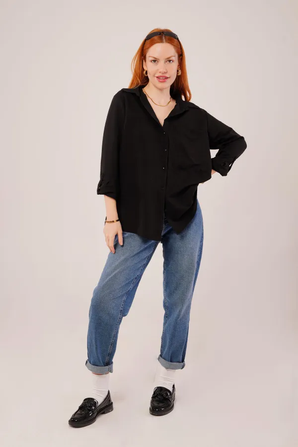 Salaş Kesim Cepli Toptan Siyah Gömlek