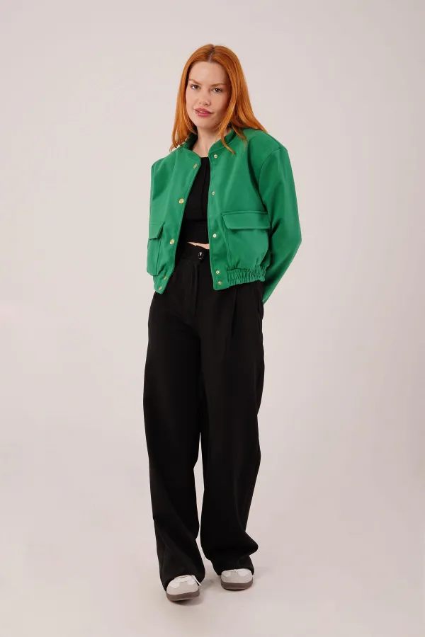 Gold Düğmeli Kaşe Toptan Yeşil Bomber Ceket