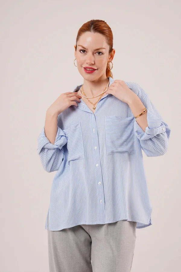 Yarasa Kol Çizgili Cep Detaylı Toptan Mavi Gömlek