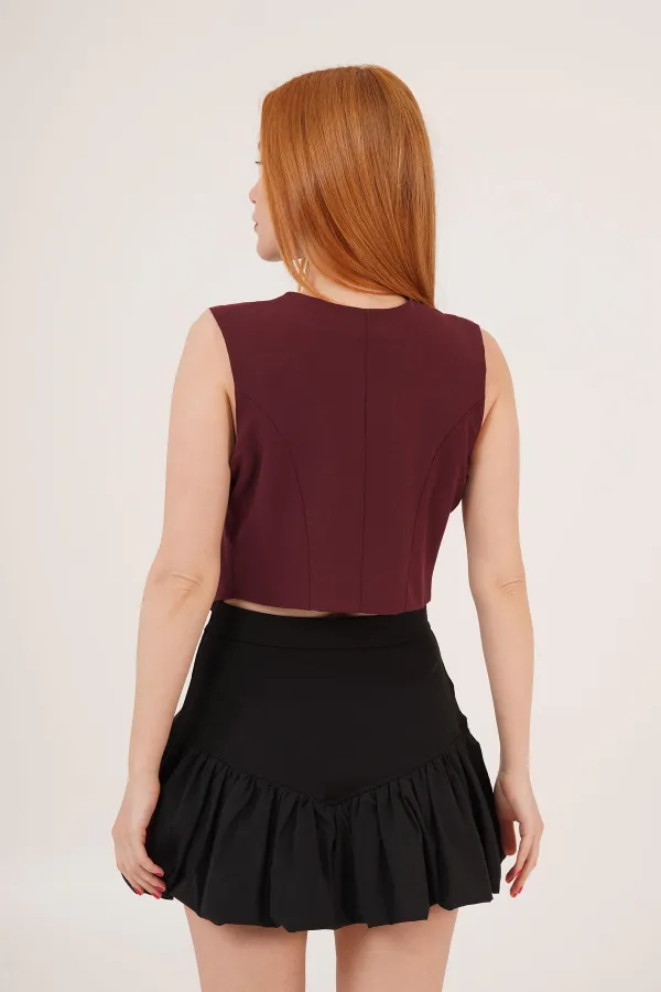 V Yaka Düğmeli Üçgen Kesim Toptan Bordo Yelek