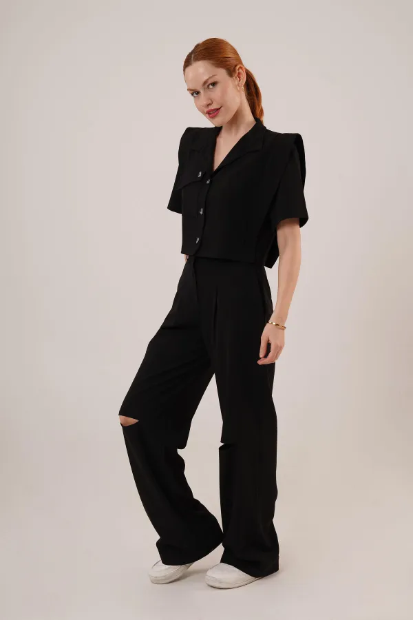 Cepli Düğmeli Bluz Ve Diz Detaylı Pantolon Siyah Toptan İkili Takım