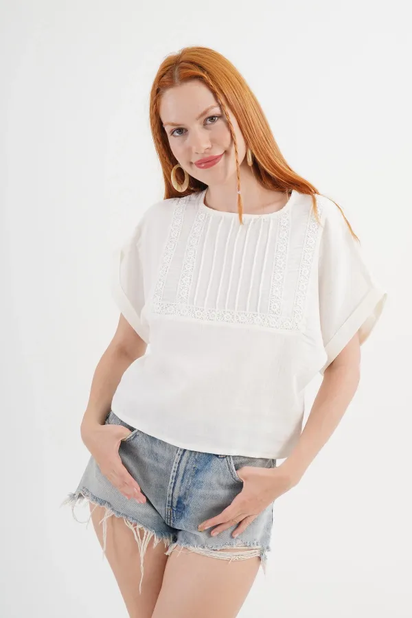 Ön Dantel Detaylı Toptan Ekru Bluz