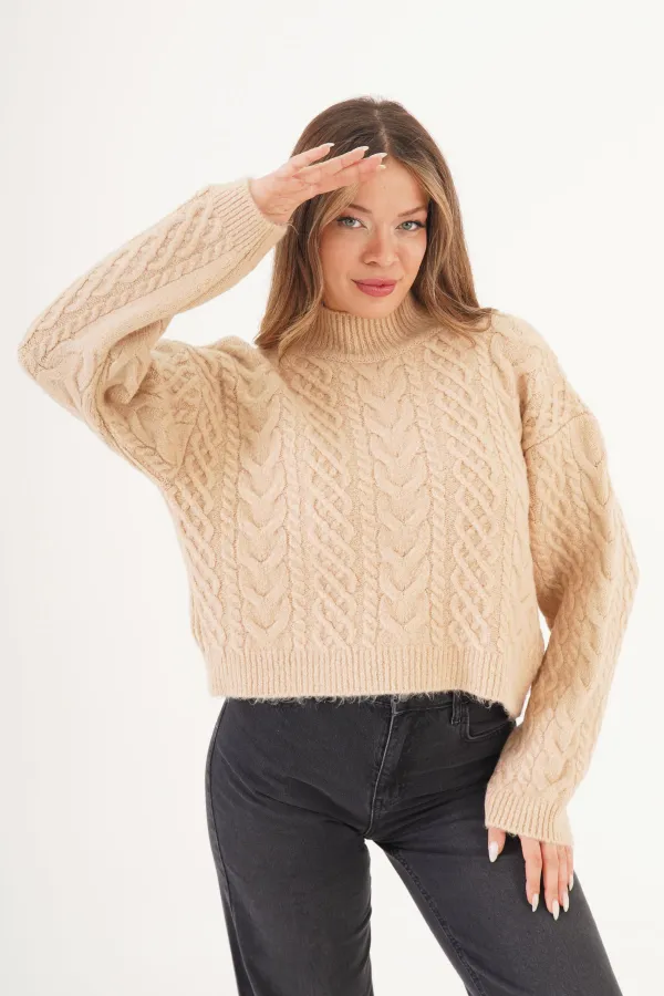 Sarmal Örgü Desenli Triko Krem Toptan Kazak