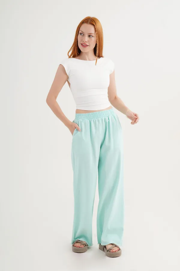 Wholesale Aqua Green Trousers with Elastic Waistband and Pocket Detail