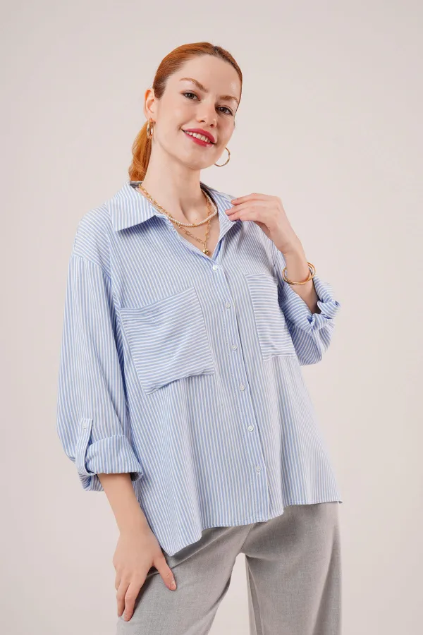 Yarasa Kol Çizgili Cep Detaylı Toptan Mavi Gömlek