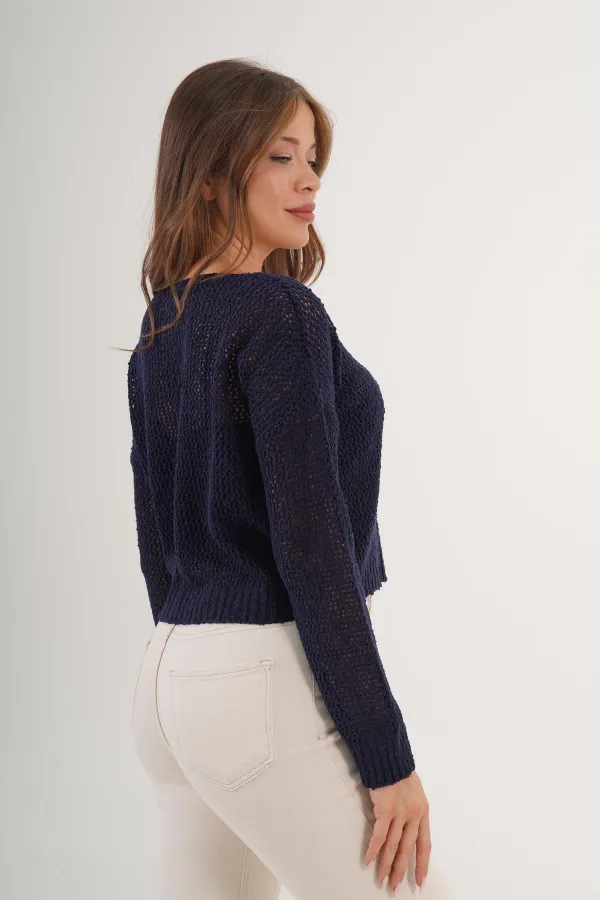 Wholesale Navy Blue Knitted Blouse with Wide Collar