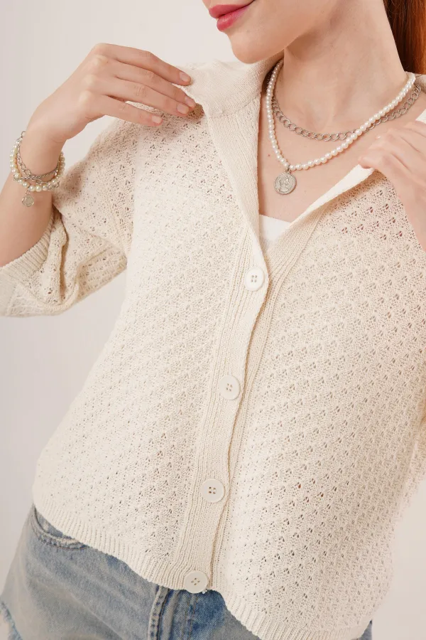 Cardigan boutonné à manches mi-longues et épaules dénudées, couleur crème, en gros