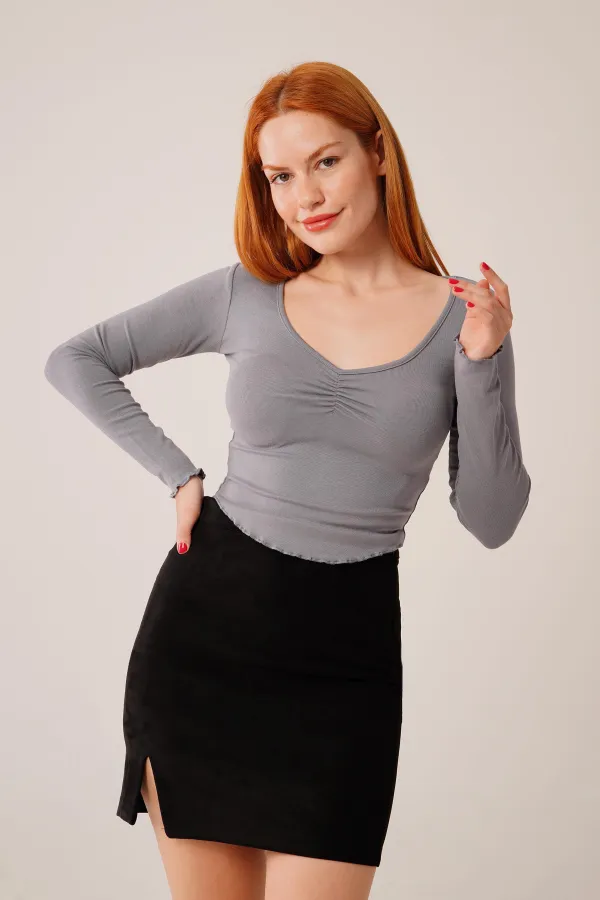 Geniş Yaka Gri Toptan Basic Body Bluz