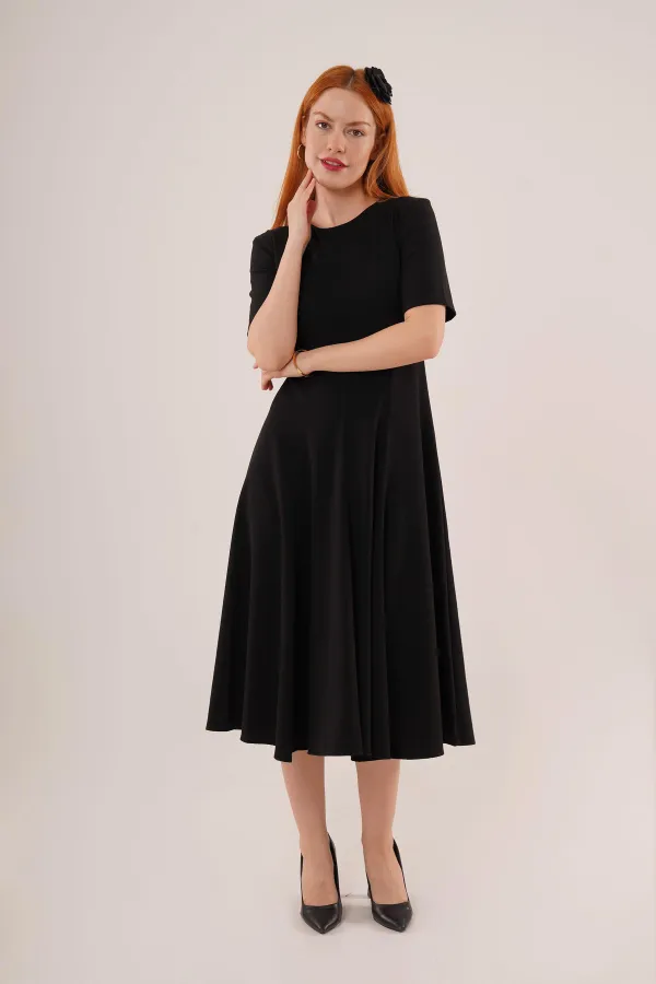 Dikiş Detaylı Kısa Kollu Toptan Siyah Uzun Elbise