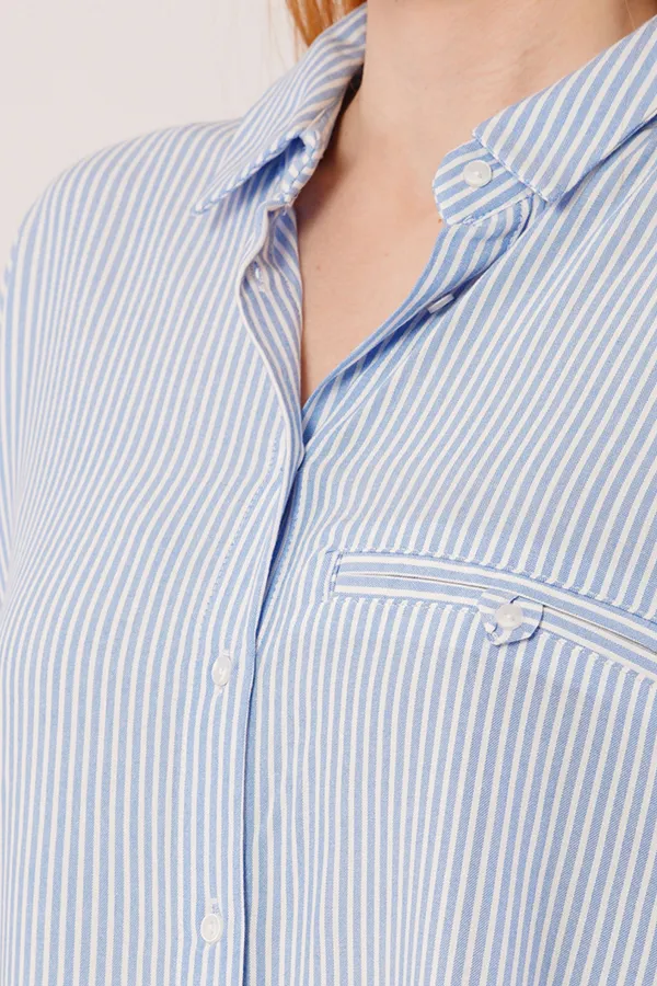 Cep Detay Mavi Oversize Çizgili Toptan Gömlek