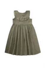 Nakışlı Roba Yaka Keten Elbise 2-7 Yaş Haki Yeşil