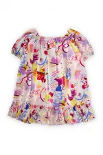 Poplin Dress with Elastic Collar and Sleeves, 2-7 Years Old, Ecru Fuchsia