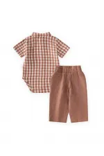 Ensemble chemise et body 0-3 ans, motif à carreaux café