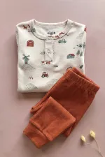 Farm Patterned Bodysuit Set for 0-3 Years Old Beige