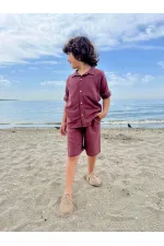 Kolları Nakışlı Gömlek Şort Keten Takım 2-7 Yaş Mürdüm