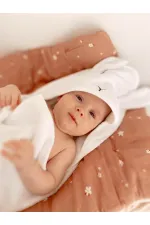 Kulaklı Tavşan Nakışlı Bebek Banyo Havlusu 75X75 cm Ekru