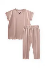 Fiyonklu Yakası İşlemeli Pijama Takım 2-10 Yaş Pudra Pembe