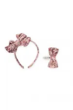 Taçlı Toka Seti Pudra Pembe Çiçekli