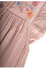 Nakışlı Organik Müslin Elbise 2-8 Yaş Pudra Pembe