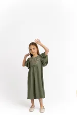Embroidered Linen Dress for 2-7 Years Old Khaki Green