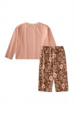 Long-sleeved patterned high-waisted trouser set for ages 2-8, salmon color.