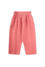 Organic Wide Cut Muslin Trousers with Ruffle Waistband, Coral, Ages 1-8