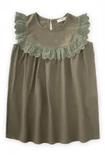 Robadan Dantelli Keten Bluz 2-7 Yaş Haki Yeşil