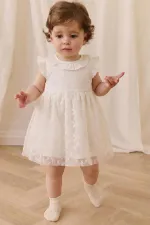 Robe bébé 0-4 ans en tulle à motif de feuilles, blanc cassé