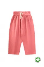 Organic Wide Cut Muslin Trousers with Ruffle Waistband, Coral, Ages 1-8