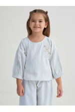 Wide-leg Trousers Embroidered Linen Set, Ages 2-7, Blue