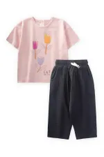 Renkli Lale Baskılı Kız T-Shırt Takım 1-7 Yaş Pudra Pembe