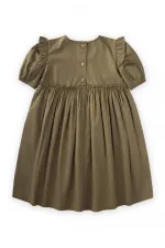 Robadan Fırfır Büzgülü Poplin Elbise 2-7 Yaş Haki Yeşil