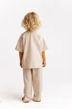 Kangaroo Pocket Two-Tone Linen Blouse for 2-7 Years Old Caramel