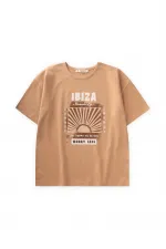 T-shirt imprimé Ibiza, couleur camel, pour enfants de 8 à 12 ans.