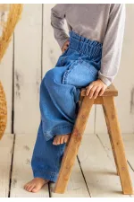 Jean coupe ample à poches à volants, bleu, 2-7 ans